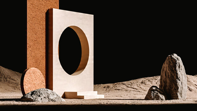 Paysage avec pierres et constructions abstraites