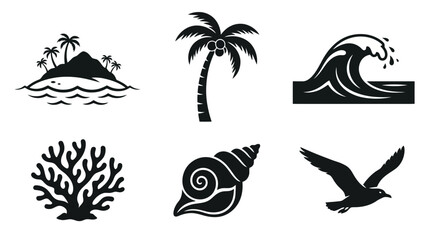 Tropical Island, Palm Tree, Ocean Wave, Coral, Seashell, Seagull Icons Set © Ajeng
