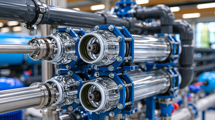 Fototapeta premium Modern industrial water filtration system featuring transparent filter cylinders with blue metal housings, stainless steel pipelines, advanced purification equipment processing clean water inside a 