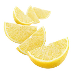 Fresh juicy lemon wedges floating in air, isolated on transparent cutout background