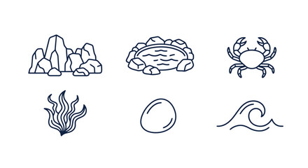 Ocean Life Icons: Crab, Seaweed, Rocks, Wave, Tide Pool, Egg © bahlil