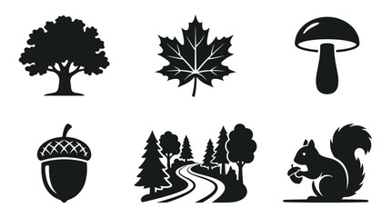 Autumn Forest Icons: Tree, Maple Leaf, Mushroom, Acorn, Path, Squirrel - Black & White Silhouettes © bahlil