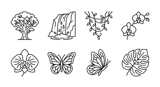 Nature Icon Set: Tree, Waterfall, Vines, Orchid, Butterfly, Monstera Leaf