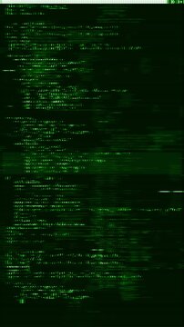 Green terminal code glitch background with scrolling text blocks, distorted scan lines, and hacker screen texture. Perfect for cyber security videos, programming intros, malware scenes, and overlays.