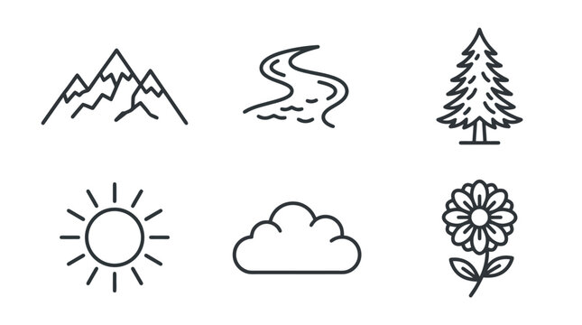 Minimalist Nature Icons: Mountains, River, Tree, Sun, Cloud, Flower