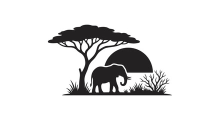 African Elephant Silhouette at Sunset with Acacia Tree © Bobon