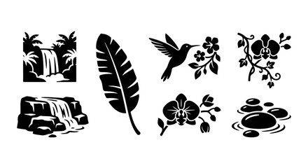 Tropical Nature Silhouettes: Waterfall, Palm Trees, Banana Leaf, Hummingbird, Orchid, Stones © chaelrafz
