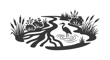 Heron Bird Standing In Winding Stream Surrounded By Reeds And Lush Vegetation Silhouette © chaelrafz