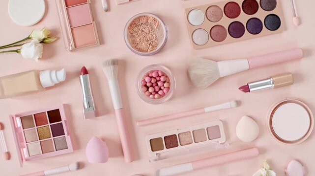 A set of professional decorative cosmetics on the table. Makeup products and accessories on pink background. The beauty of natural look. Make-up, the concept of skin care. High quality 4k footage