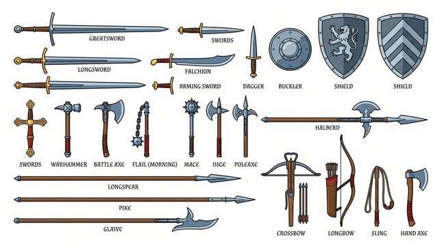 Comprehensive collection of medieval weaponry and protective shields, showcasing various swords, axes, polearms, bows, and daggers.