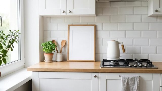Blank picture frame on wooden countertop in a bright modern white kitchen
