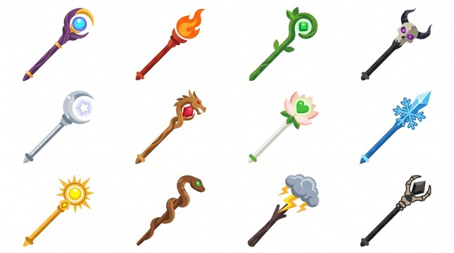 Twelve distinct fantasy magical staffs and wands, each featuring unique elemental and mystical designs in a vibrant cartoon style.