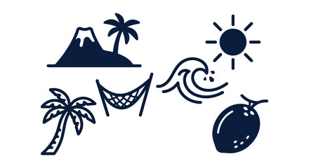 Tropical Island Vacation Icons: Volcano, Palm Trees, Hammock, Wave, Sun, Coconut © chaelrafz