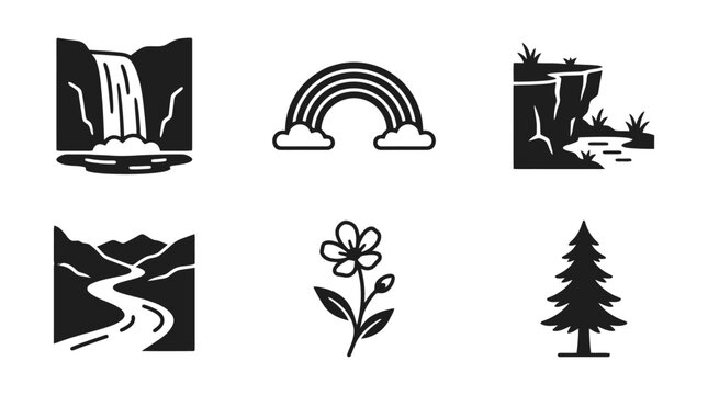 Nature Icons Set: Waterfall, Rainbow, Cliff, River, Flower, Pine Tree