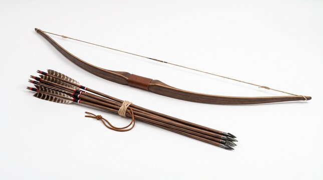 A classic wooden longbow with its string alongside a neatly bundled set of traditional arrows, all presented on a clean white surface.