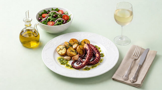 Roasted octopus with lemon pesto and rustic rosemary potatoes, served with white wine and a fresh green leaf salad on a set table.