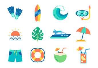 Colorful Summer Icon Set Beach Vacation Symbols. © drawnbybert