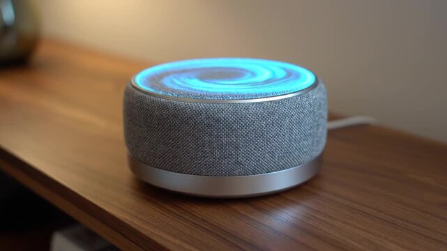 Smart speaker sits on a wooden shelf emitting a soft blue light as it functions as a modern home automation assistant for a connected household.
