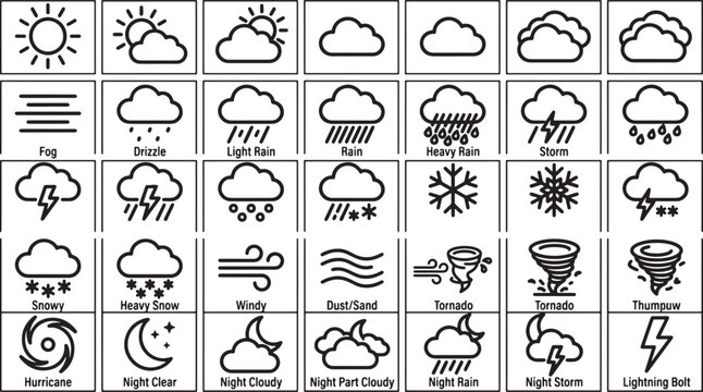 Set of weather forecast icons featuring various meteorological conditions in a clean black line art style