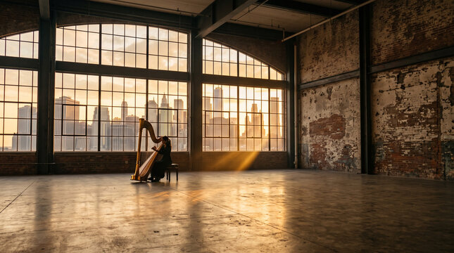 Harpist Performing in Industrial Loft with City View
