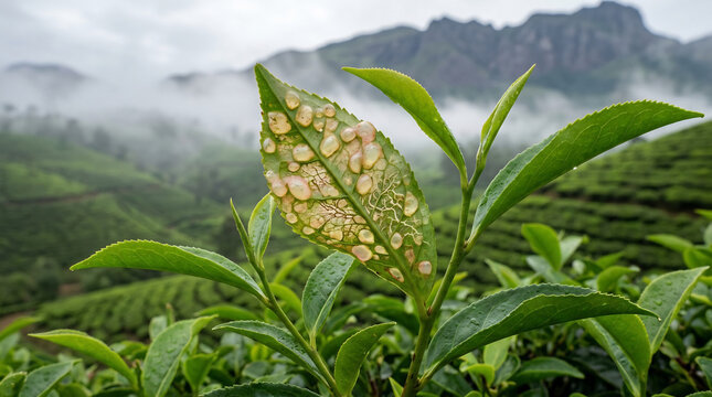 Tea leaf displays noticeable white galls or blister-like fungal growth in a lush misty plantation located in a highland area.