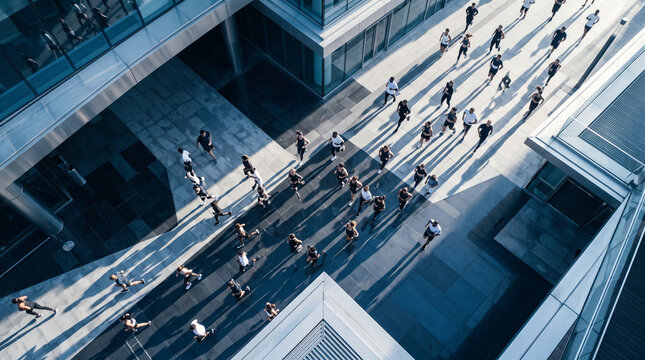 Busy Urban Workers Commuting Through Modern Downtown Plaza