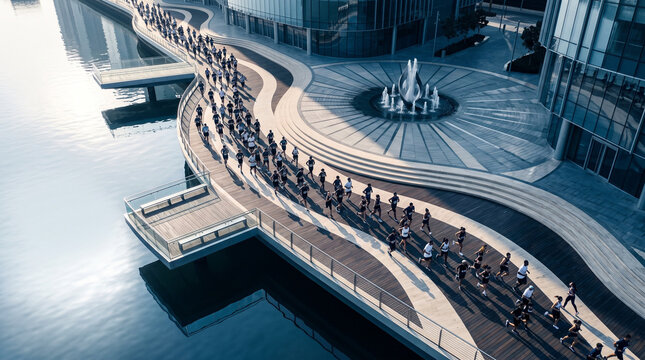 Corporate Runners on Curved Waterfront Path in Modern City