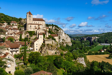 Fototapeta premium France. Lot. Saint-Cirq-Lapopie. Aerial view of the medieval village of Saint-Cirq-Lapopie, perched about a hundred meters above a bend in the Lot River