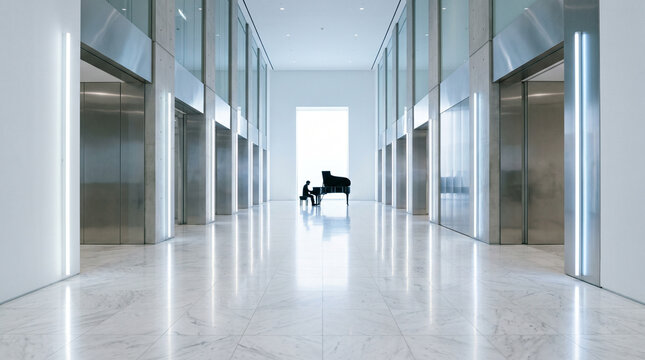 Pianist Performing in Modern Empty Corridor