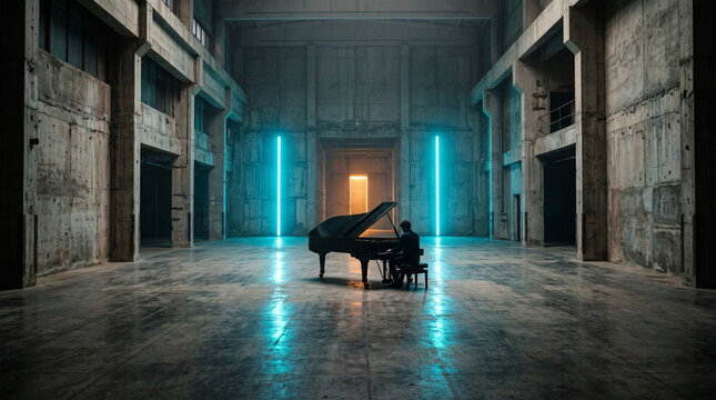 Pianist Performing in Abandoned Industrial Warehouse with Neon Lights