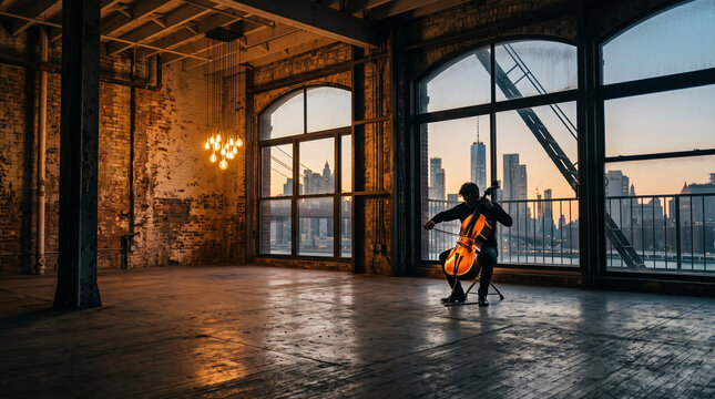 Cellist Playing in Industrial Loft with City Skyline