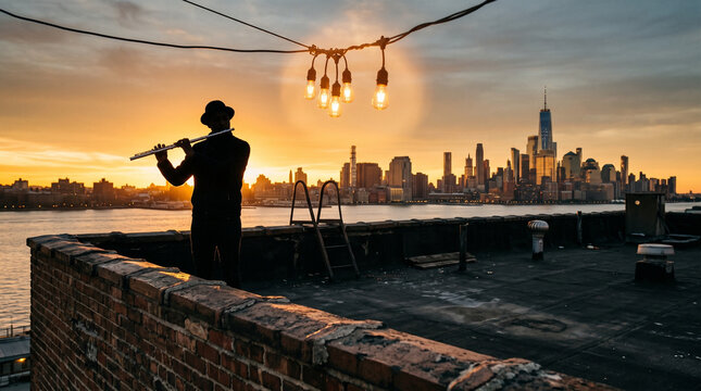 Flute Player Performing at Sunset Over New York City