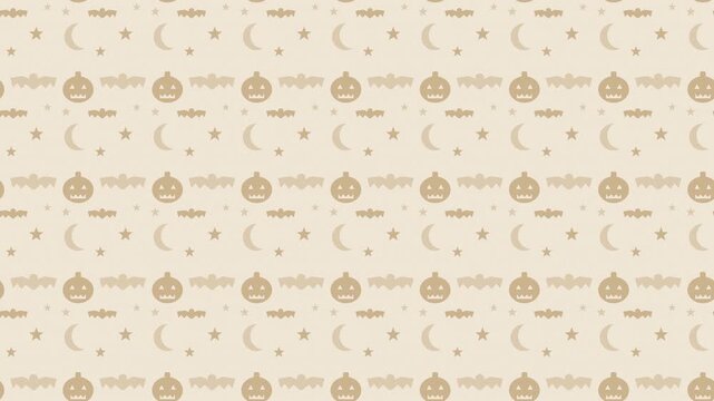 Beige halloween pattern with pumpkins and bats scrolling, cute seamless loop background