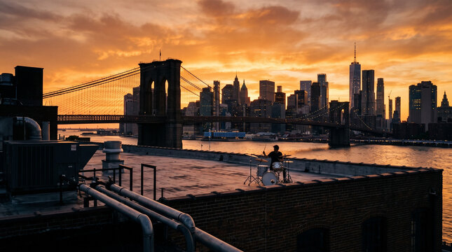 Drummer Performing Sunset Over Brooklyn Bridge New York