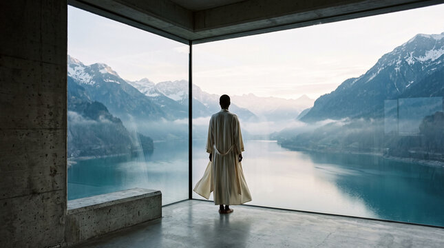 Woman Contemplating Mountain Lake Valley Vista