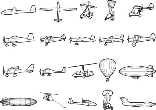 A collection of diverse aircraft illustrations, showcasing airplanes, helicopters, airships, and ultralights in a clean graphic style.