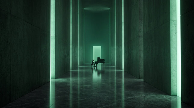 Pianist Performing in Minimalist Geometric Architecture