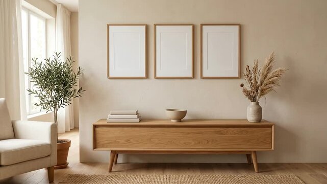 Three blank picture frames on beige wall above wooden sideboard in minimalist living room