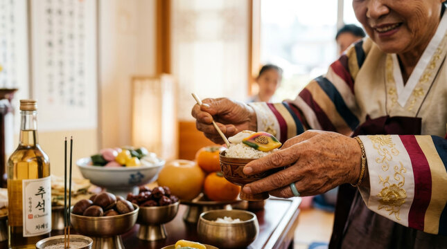 Elderly person in hanbok performing Charye ancestral rites for Chuseok holiday with food offerings, Korean culture.
