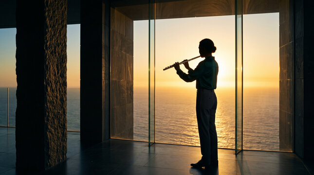 Musician Playing Flute at Sunset Over Ocean