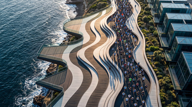 Curved Waterfront Promenade with Crowds Walking Along Coastal Path