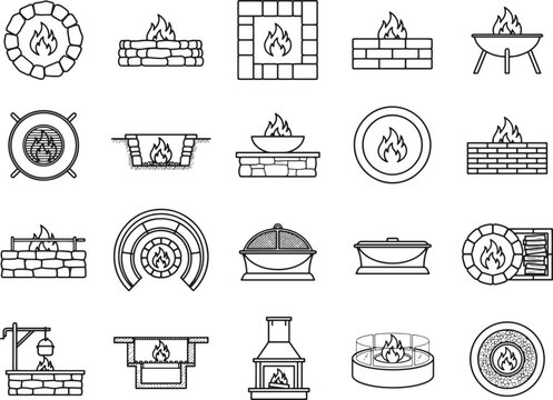 A collection of diverse fire pit and fireplace designs, presented in a clean, monochrome vector illustration style, showcasing various shapes and constructions for outdoor and indoor heating.