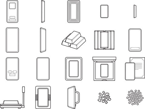 Collection of diverse line art illustrations depicting various objects related to precious metal trading and investment, including bars, scales, and certificates, presented in a clean.