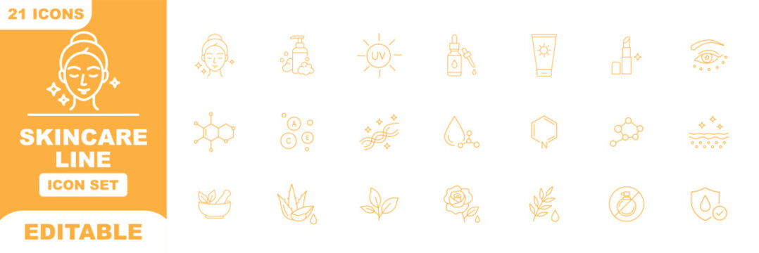 Organic, natural, vegan, cruelty free, collagen, anti age, antioxidant cosmetic editable stroke outline icons set isolated on white background flat vector illustration. Pixel perfect. 64 x 64