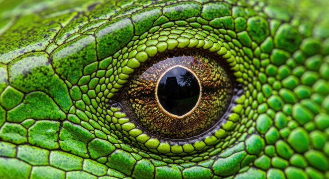 Extreme close up of a bright green iguana eye with textured scales
