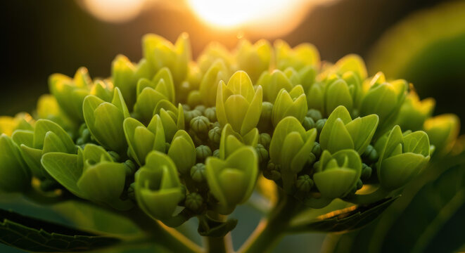 Close up of a green flower bud in the warm sunset light