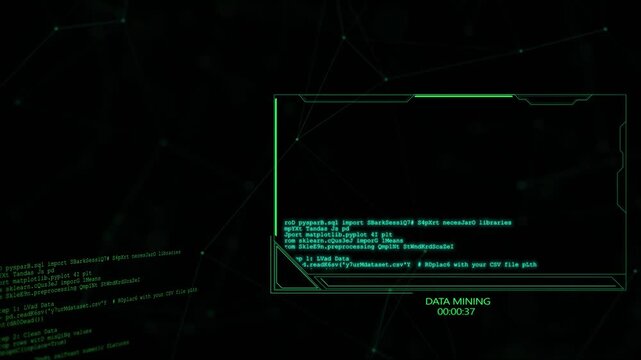Green data mining HUD background with code panel, timer text, and dark network interface. Perfect for analytics videos, software demos, cyber investigation screens, and overlays.