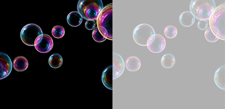 Iridescent soap bubbles floating in air. Transparent spheres with rainbow reflections on black and transparent backgrounds. Graphic design element