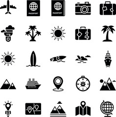Minimalist travel icon set featuring black flat glyphs for planning global adventures with passports, suitcases, and tropical themes © MdMostafijur