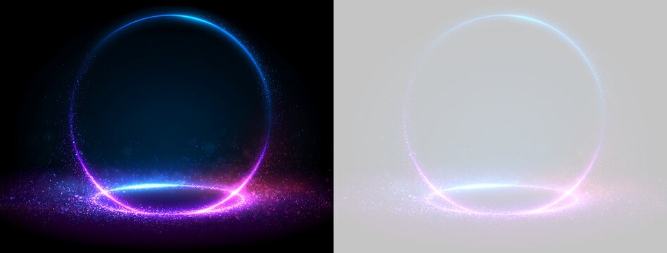 Neon glowing circle frame with light particles. Abstract blue and purple ring on dark and transparent background
